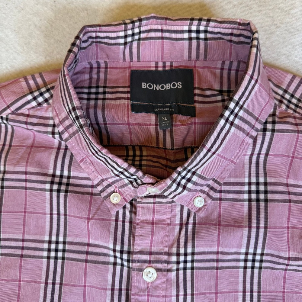 BONOBOS Mens XL Standard Fit Pink‎ Plaid Button Down Shirt Long Sleeve Cotton - Picture 2 of 3